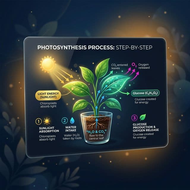 ExplaNote animated step-by-step explanation of photosynthesis showing light absorption, water intake, and oxygen release with numbered steps